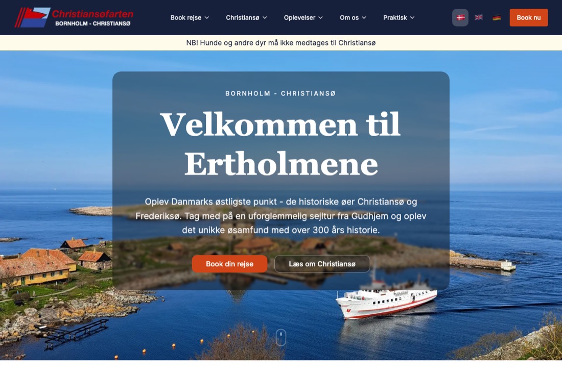 The new christiansoefarten.dk: a full-width photographic hero with clear navigation and a booking call to action