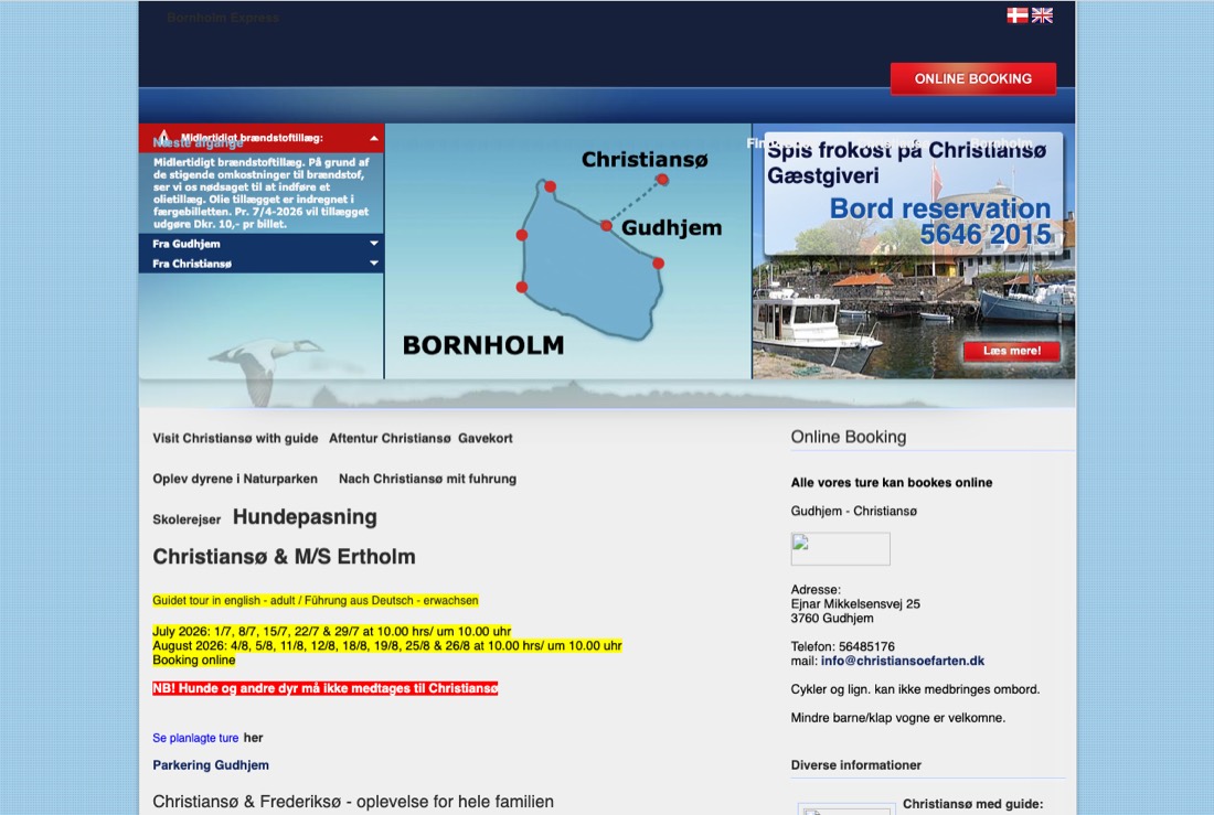 The previous christiansoefarten.dk: a fixed-width layout with overlapping panels and highlighted text
